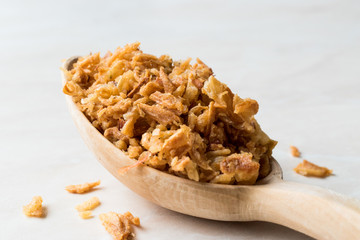 Fried Crispy Onion Flakes with Wooden Spoon