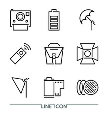 Photography icon set; Multimedia flat thin line Icons vector; Camera Accessories