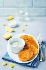 Mashed Potato Cheese Pancakes with Greek Yogurt Dill Sauce