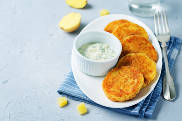 Mashed Potato Cheese Pancakes with Greek Yogurt Dill Sauce