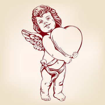 angel or cupid, little baby holds a heart, Valentines day, love, greeting card hand drawn vector illustration realistic sketch