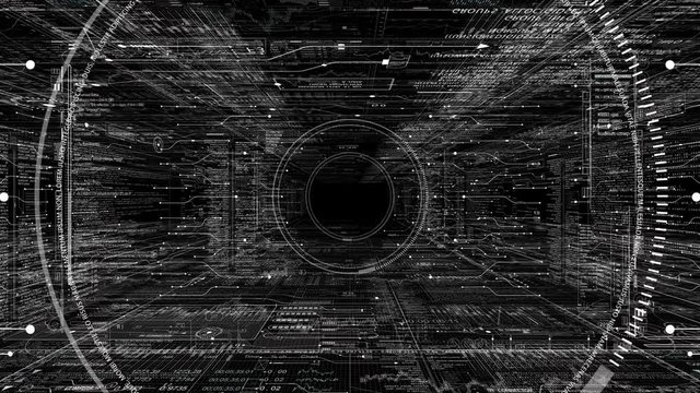 PNG Alpha.HUD technological intro.Flying through digital HUD target in sci fi cyber space.Techno background.Futuristic interface with running code text.Good for tech titles, news headline.Type 1