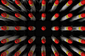 Combat rockets with the symbols of the atomic weapon displayed in a row. 3d illustration