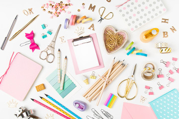 Flat lay stylish set: Clipboard mockup, washi tape, note on white background. School stationery. Back to school concept.