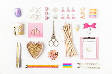 Flat lay stylish set: Clipboard mockup, washi tape, note on white background. School stationery....