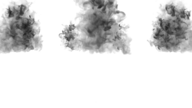 A lot of flows, black clouds or smoke, ink inject is isolated on white in slow motion. Black ink is bubbling in water. Inky background or smoke backdrop, for ink effects use luma matte like alpha mask