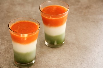 Tricolor Juice / Indian Republic day food in flag colors with copy space