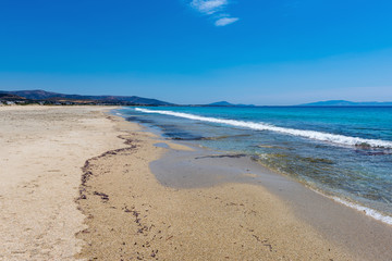 Fototapeta na wymiar Sandy beach with shallow crystal clear sea water in Mikri Vigla, Naxos island. Greece