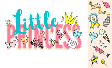 Little Princess lettering with girly doodles and hand drawn phrases for card design, girl's t-shirt print, posters. Hand drawn slogan.