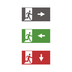 Vector fire emergency icons. Signs of evacuations. Fire emergency exit in green and red. Exit signs. Emergency fire symbols for evacuation plan.