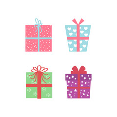 Gift boxes, presents isolated on white. Colorful wrapped. Sale, shopping concept. Collection for Birthday, Christmas. For Vector Cartoon flat design