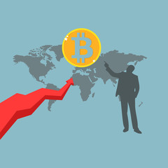 Bitcoin business. Coin vector icon, golden cryptocurrency, red arrow up. Golden coin. Finance, global digital money bit coin concept. Flat design infographic, illustration for web site, mobile app.