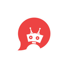 Robot in red speech bubble on white background. Cute robot icon in speech bubble. Support service bot. Vector illustration