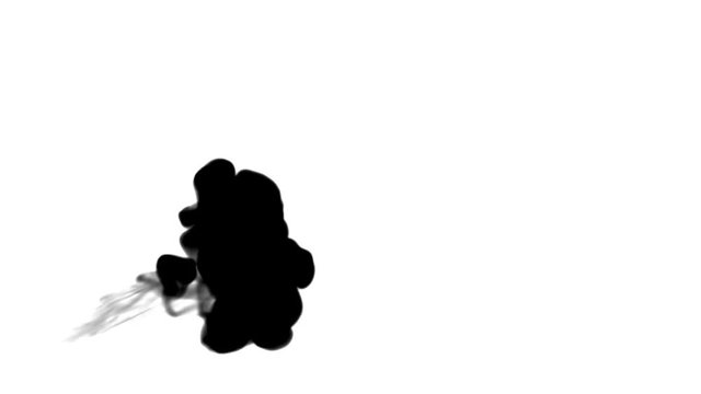 Black ink flow on white moving in slow motion, ink or smoke inject . Black paint decomposes in water for Inky or smoky background or ink effects. Use luma matte like alpha mask for alpha channel