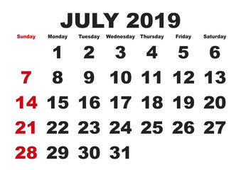July month calendar 2019 english USA