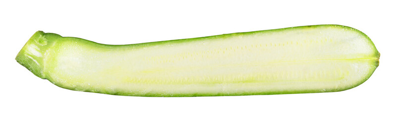 Fresh green zucchini cut in half inside longitudinal section isolated on white background