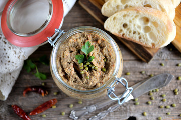 Pate of peas with dried tomatoes. Healthy food.