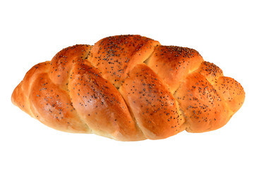 Braided bread with poppy seeds isolated on white background