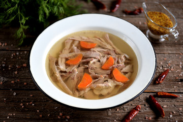 Homemade aspic cooked organic chicken. Traditional Russian food