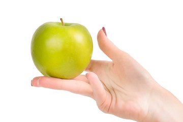 Hand holding green apple isolated with clipping path
