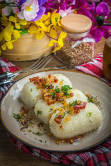 Potato dumplings stuffed with minced meat.