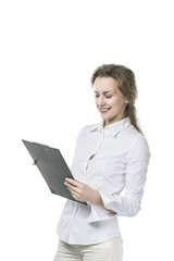 portrait of successful businesswoman with documents on white background