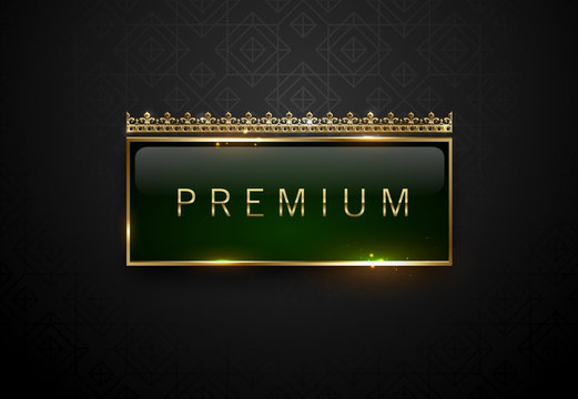 Premium green label with golden frame sparks and crown on black geometric pattern background. Dark luxury logo template. Vector illustration.