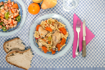 Chicken with carrot and spaghetti