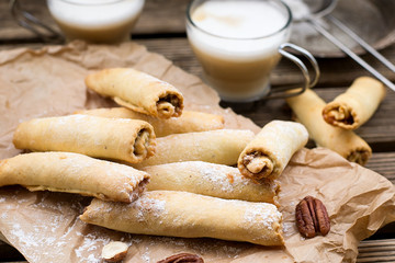 Sweet tatar cookies biscuits rolls with walnuts, hazelnuts and pecan nuts