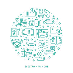 Fototapeta na wymiar Electric car outline vector icons set