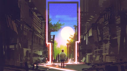 Tuinposter jonge jongen die in een verlaten stad staat en naar de magische poort kijkt met een prachtige plek, digitale kunststijl, illustratie, schilderkunst © grandfailure
