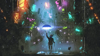 Foto op Plexiglas sci-fi scene showing the man holding a magic umbrella destroying futuristic city, digital art style, illustration painting © grandfailure