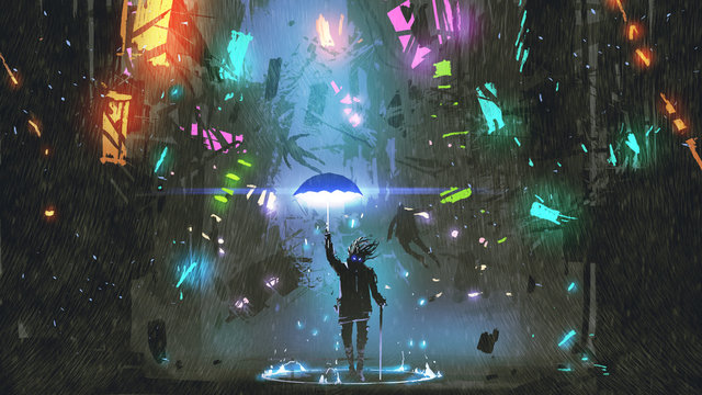 sci-fi scene showing the man holding a magic umbrella destroying futuristic city, digital art style, illustration painting