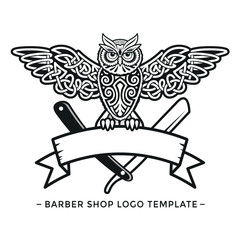 Celtic knot owl. Tattoo Barbershop logo template.