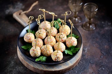 Snack cheese balls with crab sticks, eggs and mayonnaise.