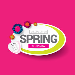 vector spring sale design template banner or tag on pink background. Abstract spring sale pink label or background with beautiful flowers