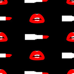 Female lips with pomade, lipstick. Vector comic seamless pattern in pop art retro style on a black background. Abstract seamless pattern for girls, boys, clothes. Flat print icons.
