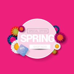 vector spring sale design template banner or tag on pink background. Abstract spring sale pink label or background with beautiful flowers