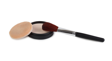 Cosmetic powder in the circle box, sponge and brush