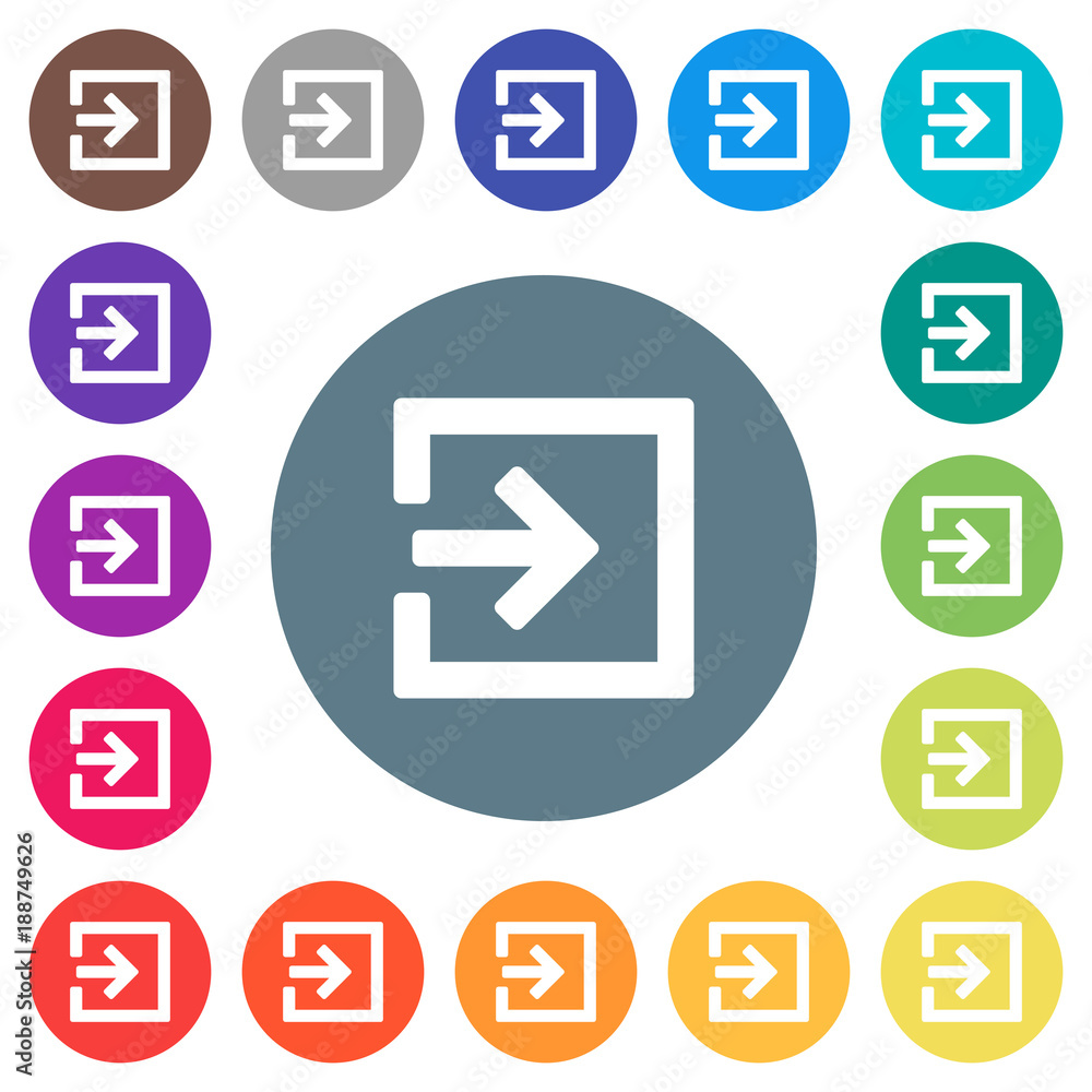 Poster import with inside arrow flat white icons on round color backgrounds