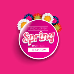 vector spring sale design template banner or tag on pink background. Abstract spring sale pink label or background with beautiful flowers