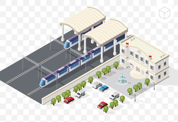 Isometric High Quality City Element with 45 Degrees Shadows on Transparent Background . Railway Station