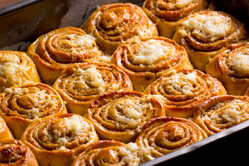 Cinnamon rolls baked and ready to eat.
