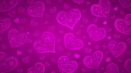 Background of big and small hearts with ornament of curls, flowers and leaves, in purple colors