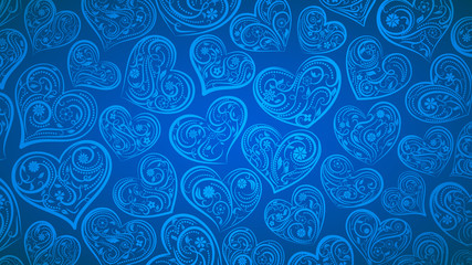 Background of big hearts with ornament of curls, flowers and leaves, in blue colors