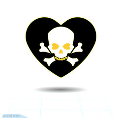 Heart icon. A symbol of love. Valentine s day with the sign of the Human skull and crossbones. Flat style for graphic and web design, logo. Frame shadow. Adrenaline addiction , Vector illustration