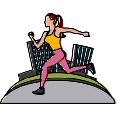 Woman running at city icon vector illustration graphic design