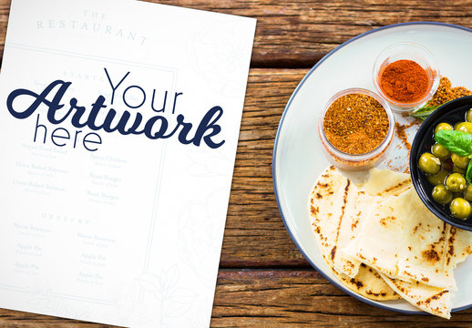 Menu Mockup with Pita, Olives, and Spices