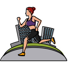 Woman running at city icon vector illustration graphic design