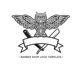 Owl Barbershop logo template. Black tattoo illustration.